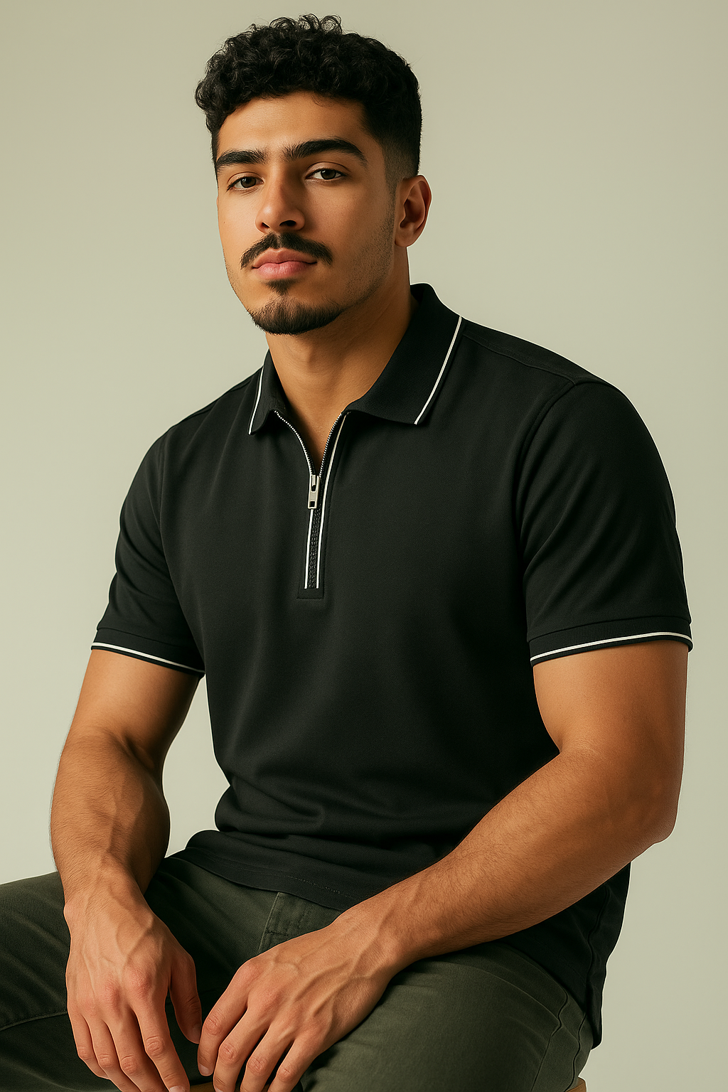 Polo de hombre con cierre metálico y confección premium.