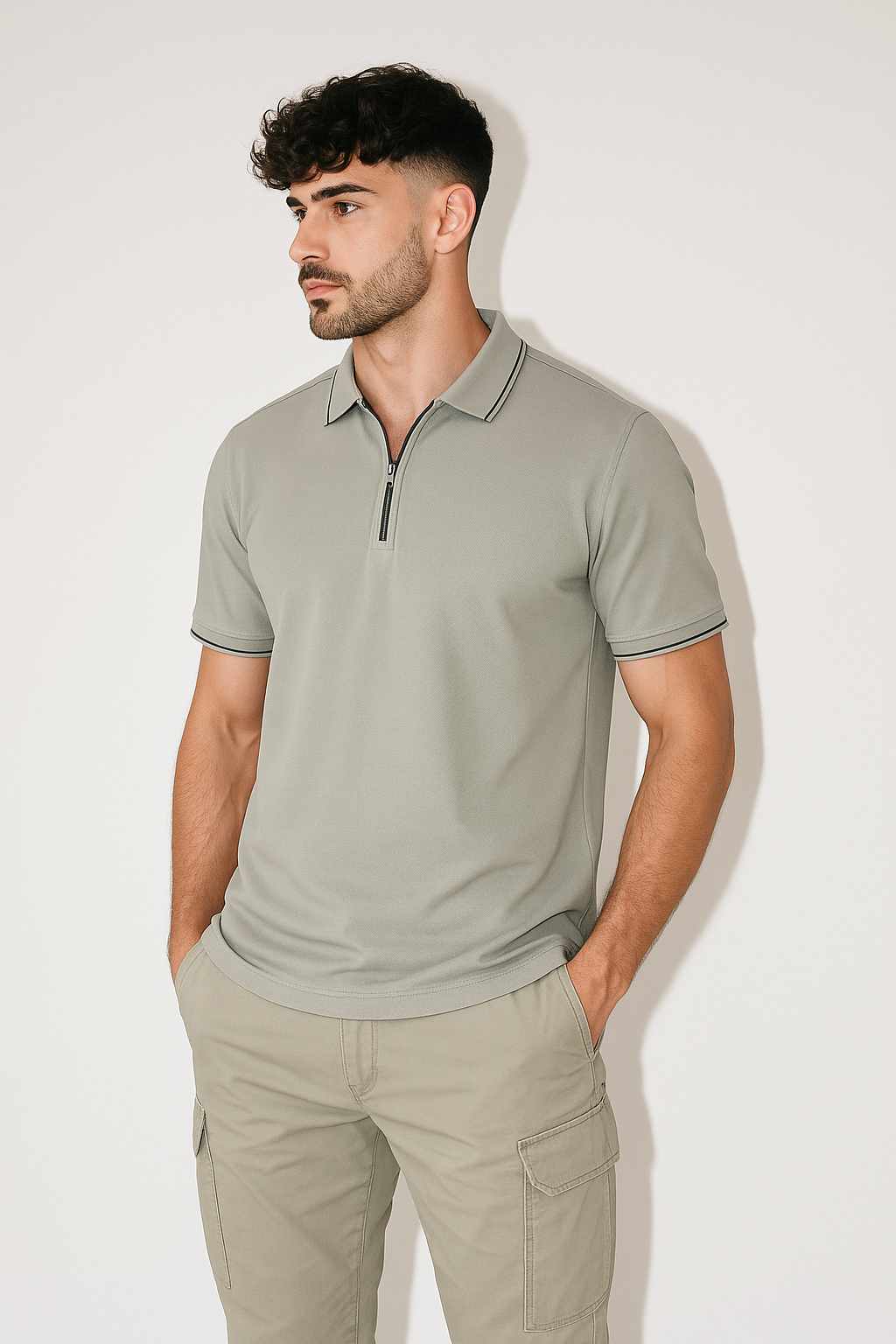 Polo de hombre con cierre metálico y confección premium.