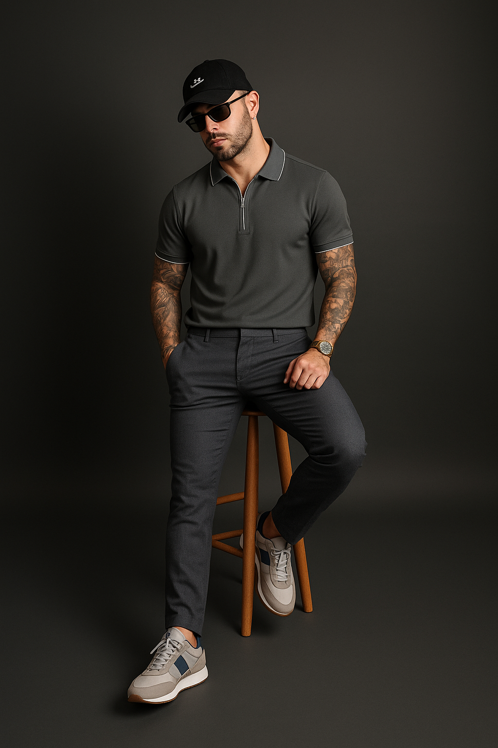 Polo de hombre con cierre metálico y confección premium.