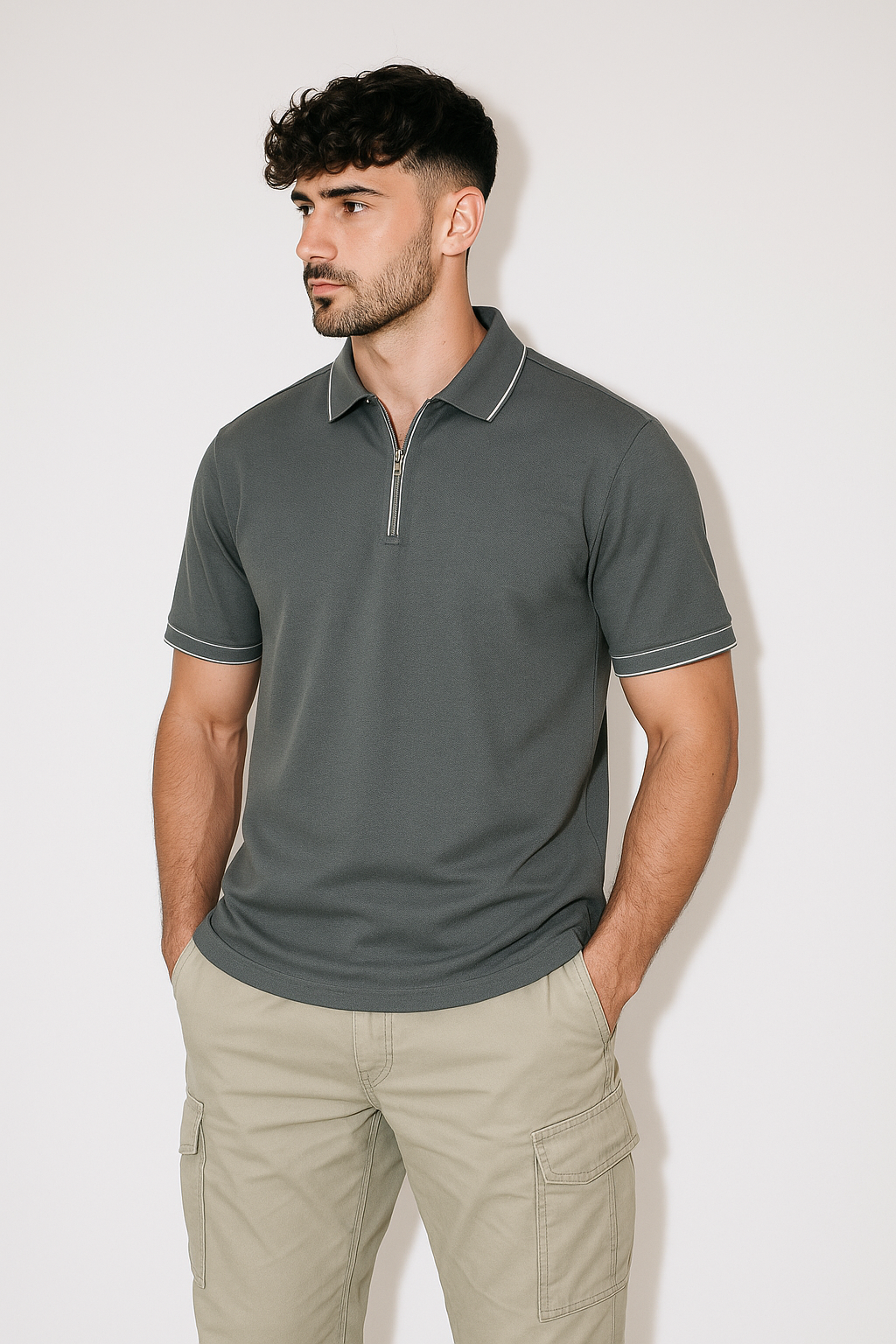Polo de hombre con cierre metálico y confección premium.
